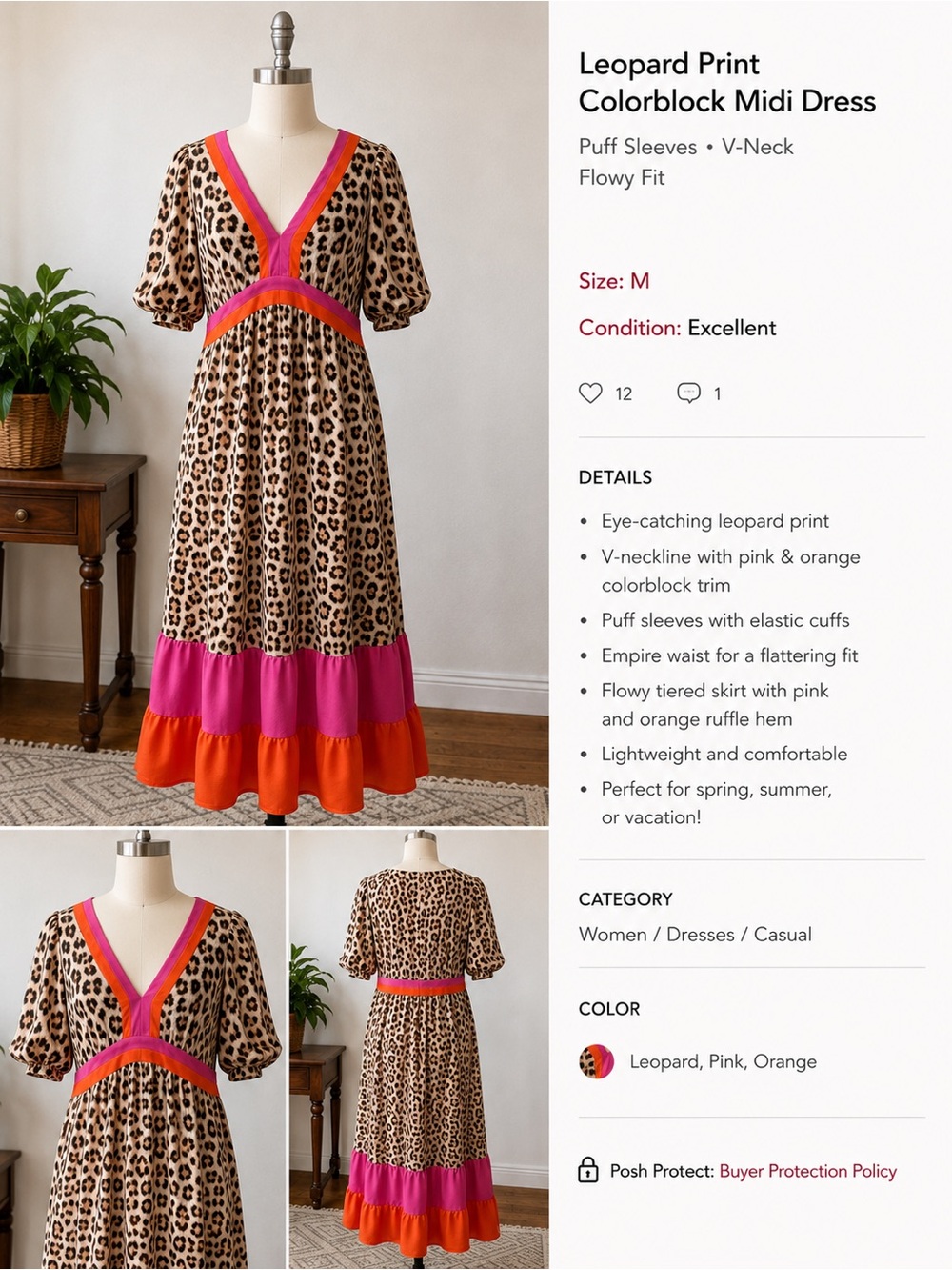 Leopard Print Colorblock Midi Dress with Pink & Orange Trim
